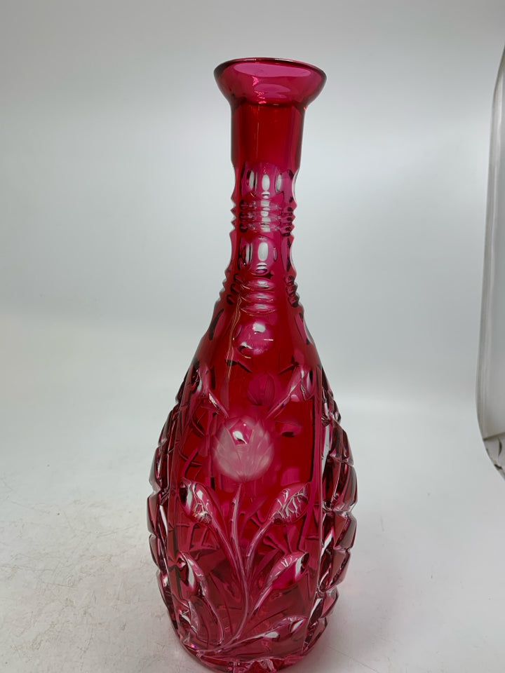 VTG HEAVY ETCHED FLOWERS CRYSTAL DECANTER.