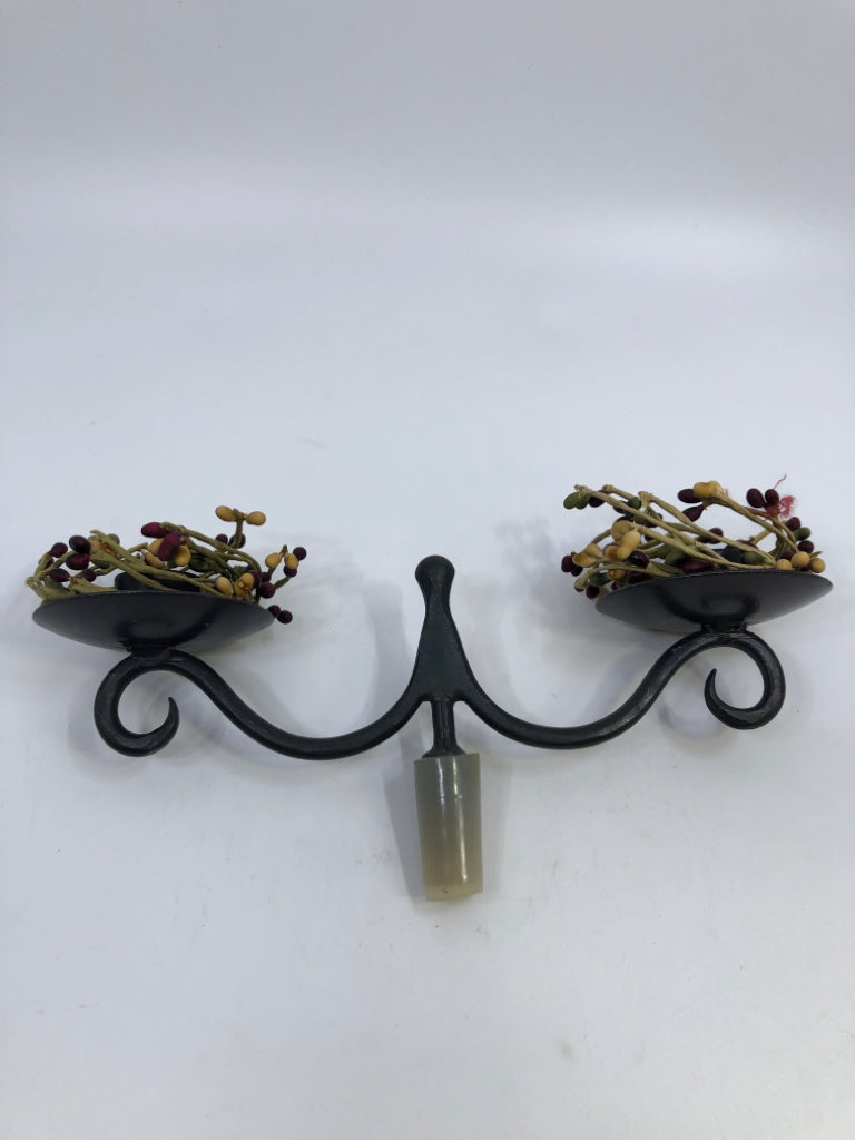 DOUBLE ARMED WROUGHT IRON CANDLE HOLDER WINE STOPPER W/PIP.