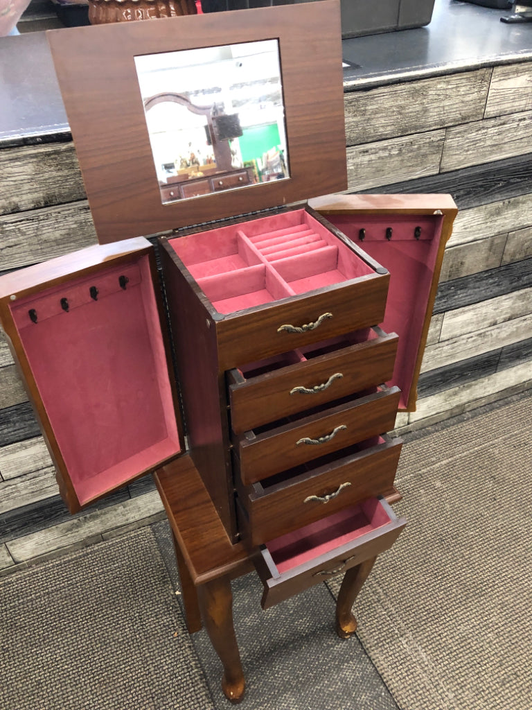 DK WOOD JEWELRY ARMOIRE W/FLIP LID 4 DRAWERS *MINOR WEAR.