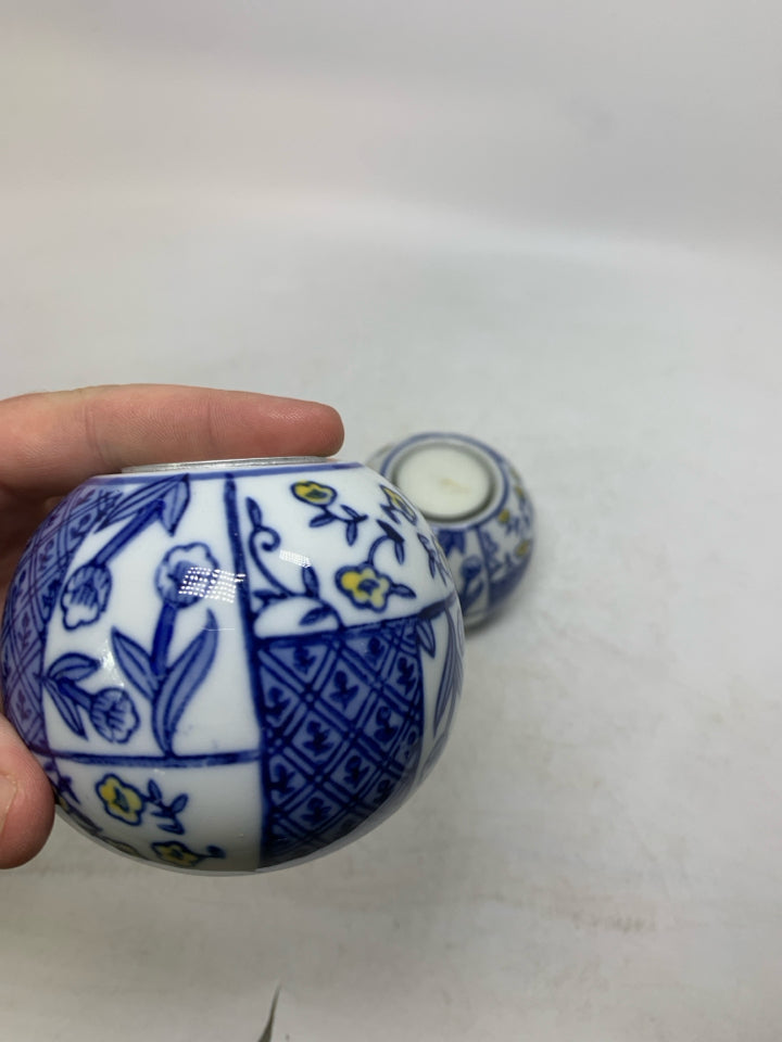 BLUE PATCHWORK/ FLORAL CERAMIC ASIAN STYLE TEA LIGHT HOLDERS.