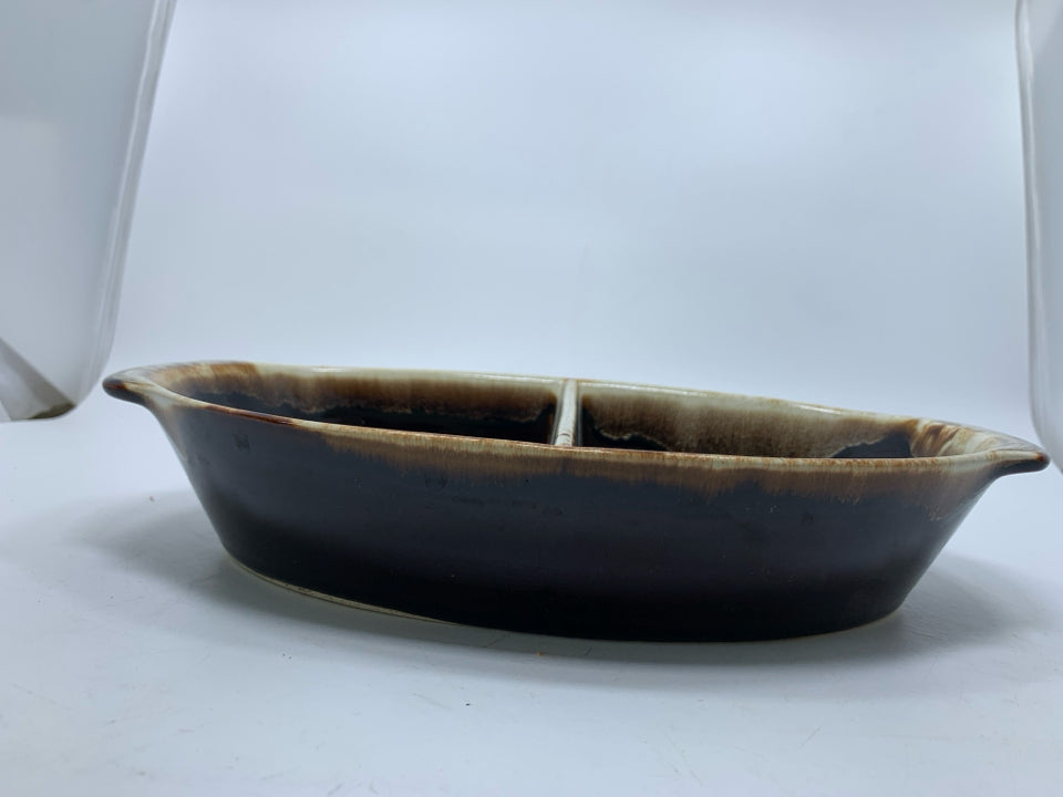 DARK BROWN DRIP DIVIDED OVAL BAKING DISH.