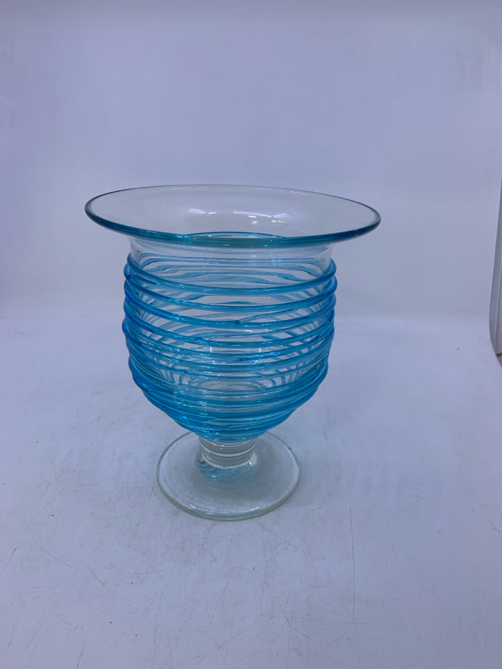 FOOTED GLASS CANDLE HOLDER W/ BLUE LINES.