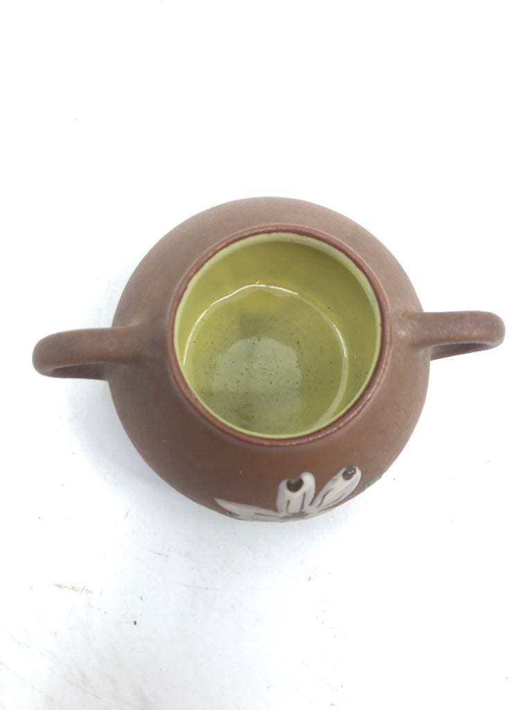 VTG BROWN SMALL POTTERY SUGAR AND CREAMER W WHITE FLORAL.