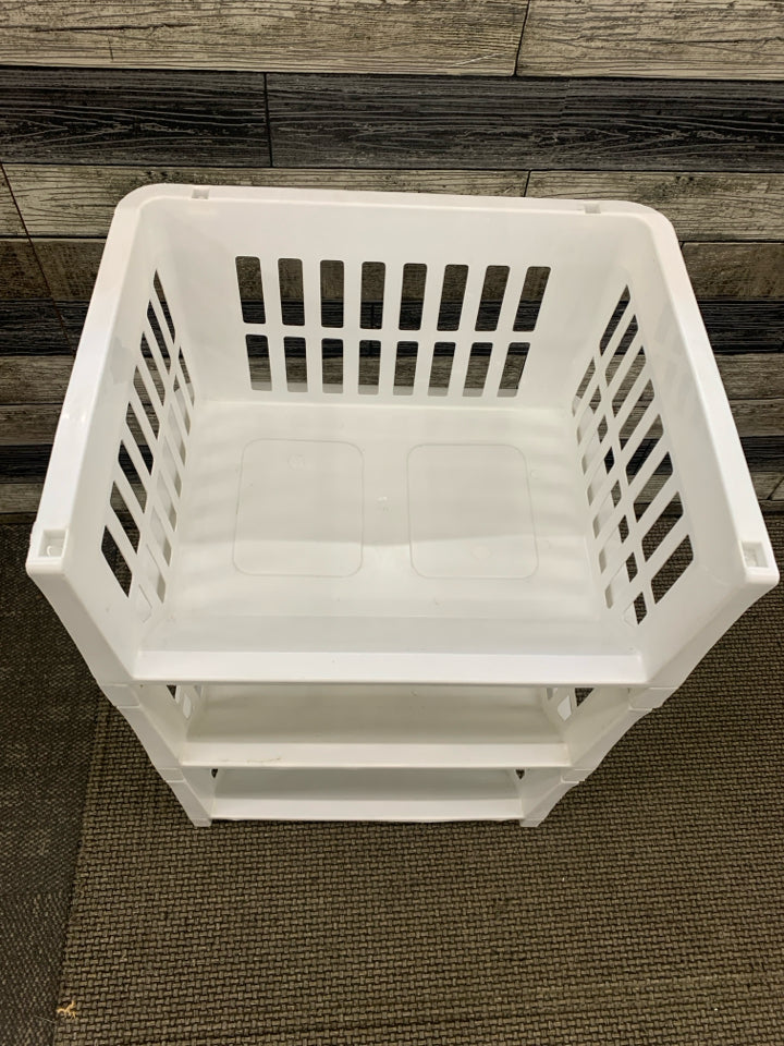 3TIER STACKING WHITE PLASTIC STORAGE BINS.