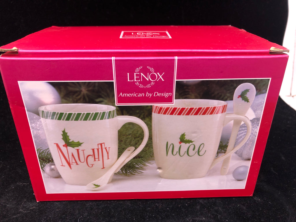 NIB 2 NAUGHTY/NICE MUGS W/ SPOONS LENOX.