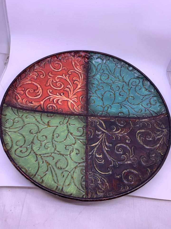 LARGE DECORATIVE METAL PLATE RED,GREEN,TEAL,BROWN WITH METAL STAND.