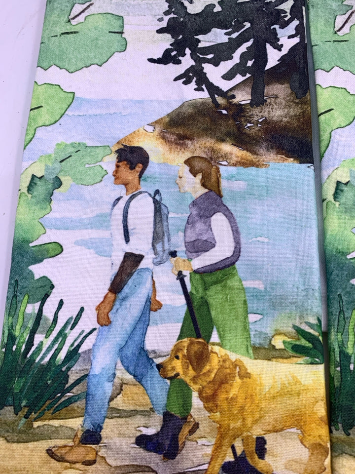 2 TEA TOWELS COUPLE WALKING DOG ON HIKE.