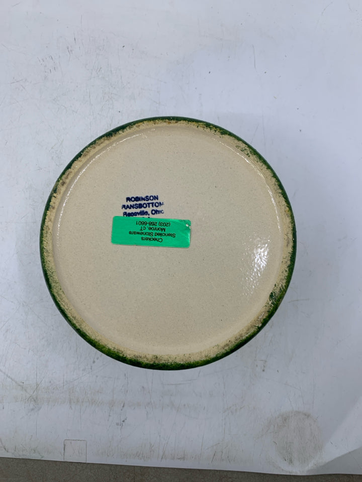 CROCK W/ PRIMITIVE STYLE HOUSES,TREES AND BARN.