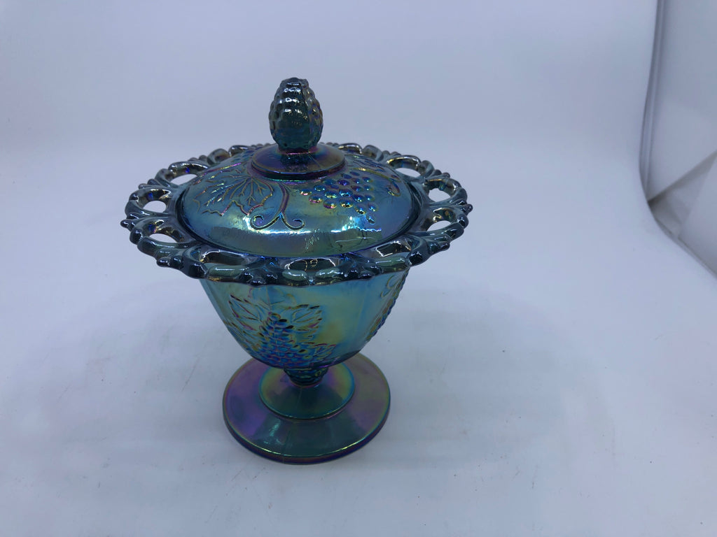 VTG BLUE IRIDESCENT FOOTED CANDY DISH W EMBOSSED GRAPES.