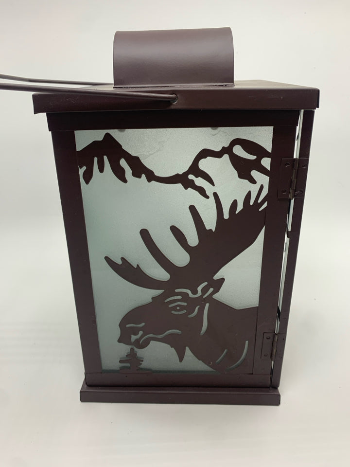 BROWN METAL MOOSE LANTERN W/FROSTED GLASS.