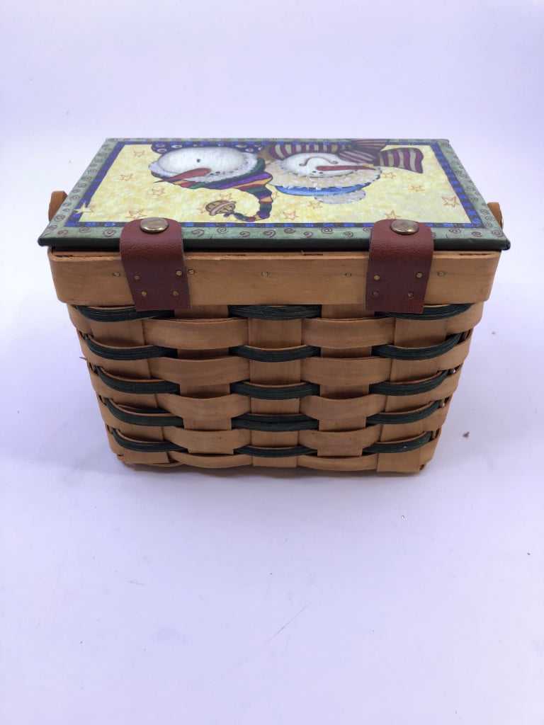 BLONDE & GREEN WEAVE BASKET WITH SNOWMEN LID.