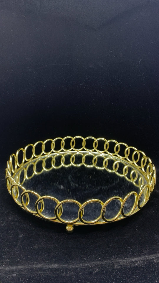 TRAY W/GOLD RING RIM+MIRROR BASE.