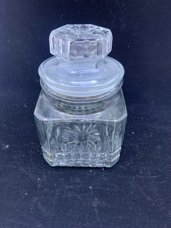 CUT GLASS CANISTER WITH HEXAGON LID.