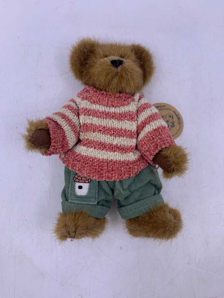 SMALL LIGHT BROWN BEAR W/ PINK STRIPED SWEATER.