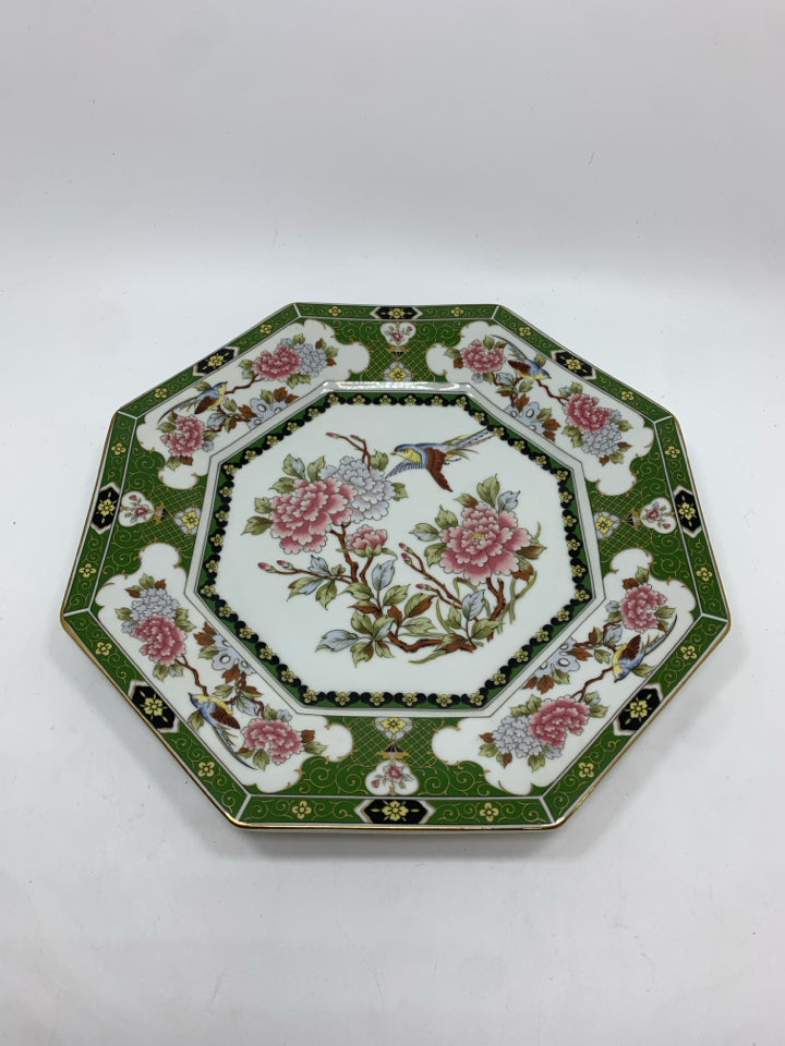 BIRD W/FLOWERS GREEN PLATE.