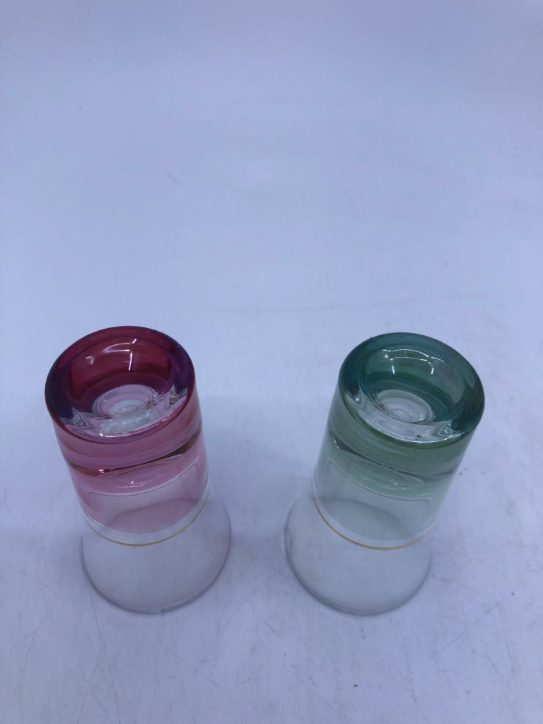 4 SHOT GLASSES GREEN/PINK W GOLD STRIPE.