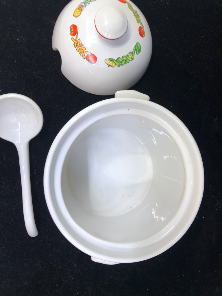 WHITE CAMPBELLS SOUP TUREEN, LID & SPOON.
