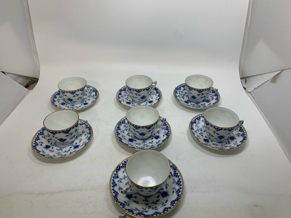 14PC SVC 7 BING & GRONDAHL BLUE BUTTERFLY DICKENS PORCELAIN TEACUP/ SAUCER.