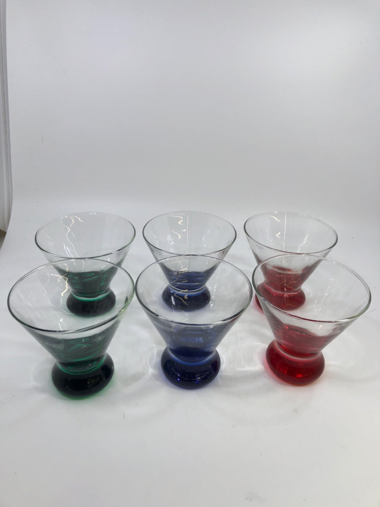 6PC COLORED BASE MARTINI GLASSES.