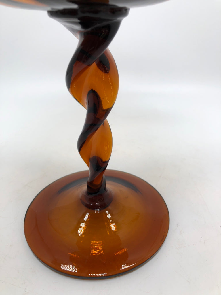 VTG AMBER GLASS RAISED SWIRL CANDY JAR.