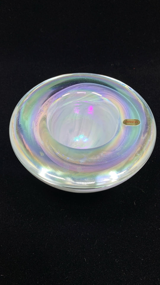IRIDESCENT GLASS SWIRL TEA LIGHT HOLDER.