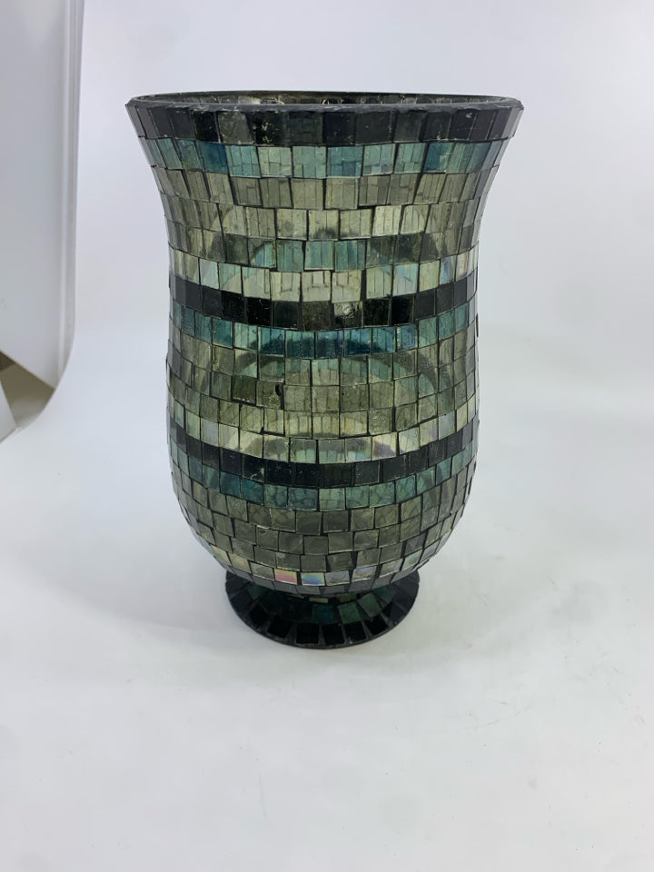 TEAL/BLACK MOSAIC FOOTED VASE/ CANDLE HOLDER.