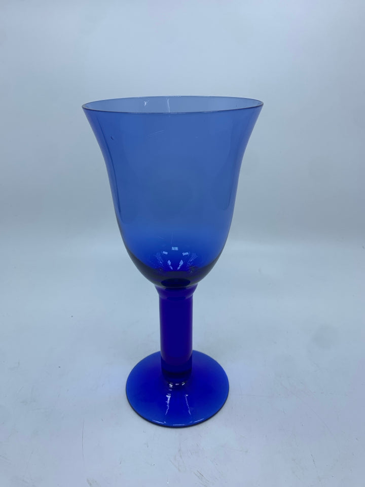 4 COBALT BLUE GLASS GOBLETS W/THICK STEMS.