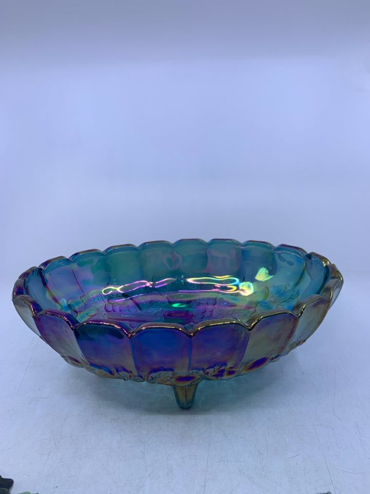 VTG FOOTED IRIDESCENT CARNIVAL GLASS OVAL CENTERPIECE BOWL W/ EMBOSSED GRAPES.