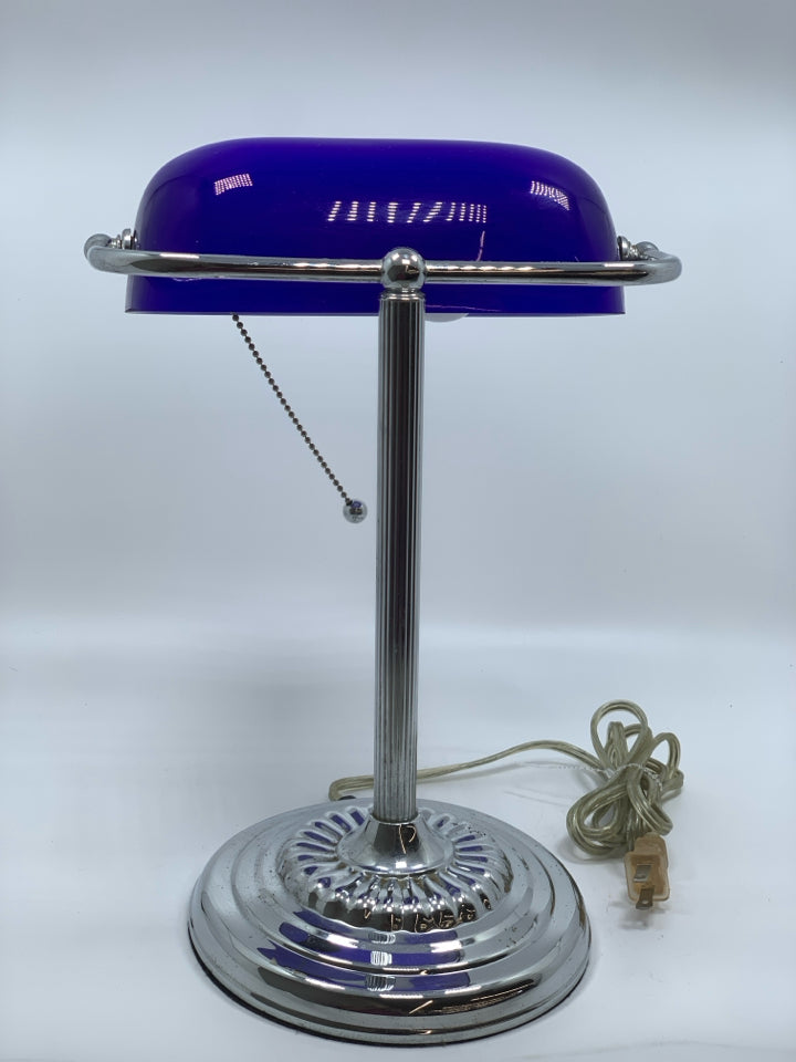 COBALT BLUE SILVER BANKERS LAMP.