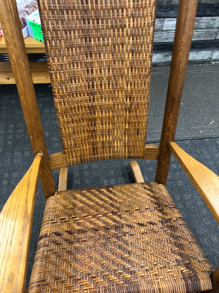 WOOD ROCKING CHAIR W/ WOVEN SEAT/BACK.