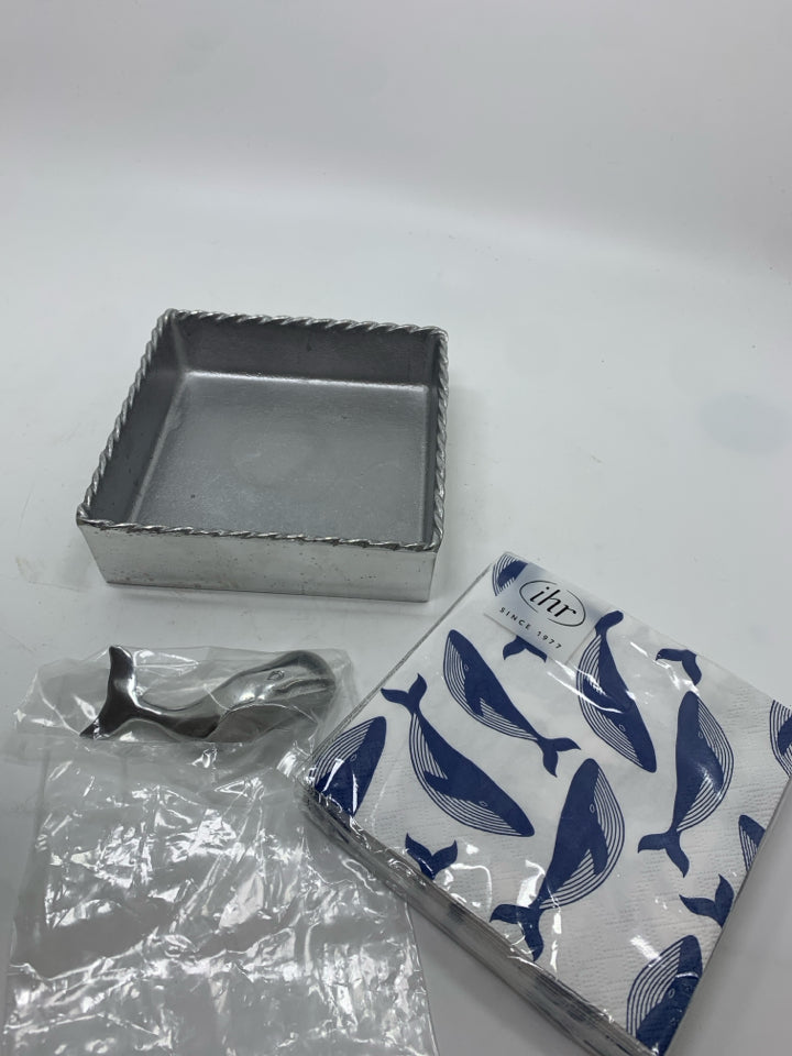 NIB MARIPOSA SILVER NAPKIN HOLDER+WHALE NAPKINS+WHALE PAPERWEIGHT.