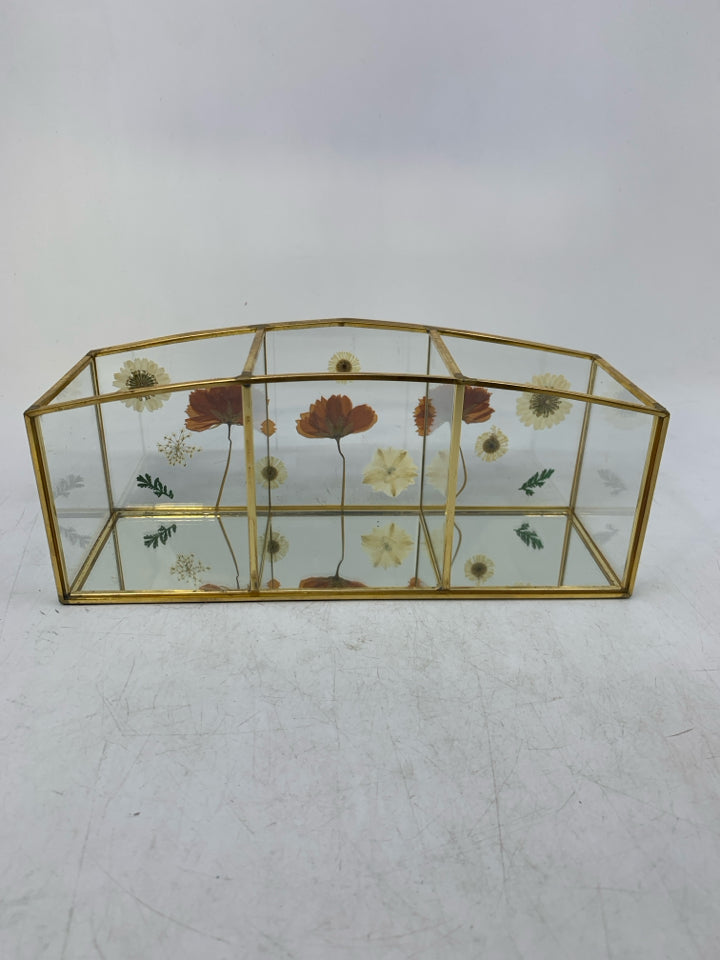 DIVIDED GLASS GOLD METAL ORGANIZER W/ PRESSED FLOWERS.