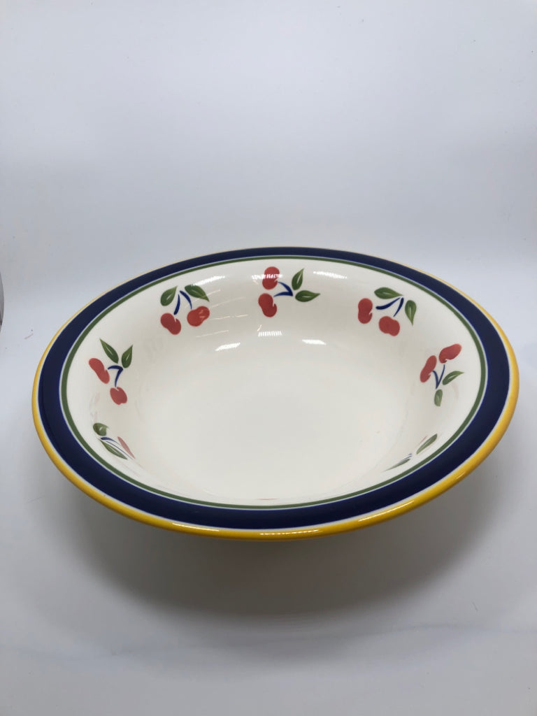 DANSK CHERRIES PAINTED PASTA BOWL W/YELLOW BLUE RIM.
