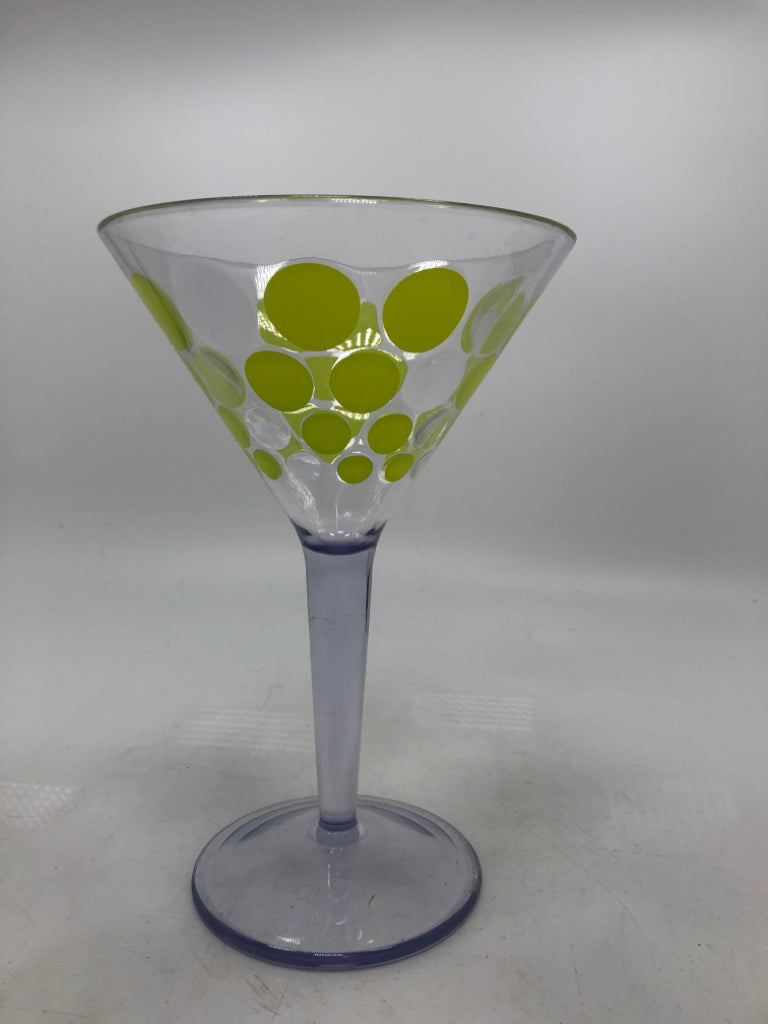4 PLASTIC MARTINI GLASSES W/COLORFUL POLKA DOTS.