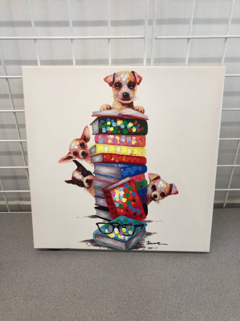 TEXTURED COLORFUL DOGS ON BOOKS CANVAS WALL ART.