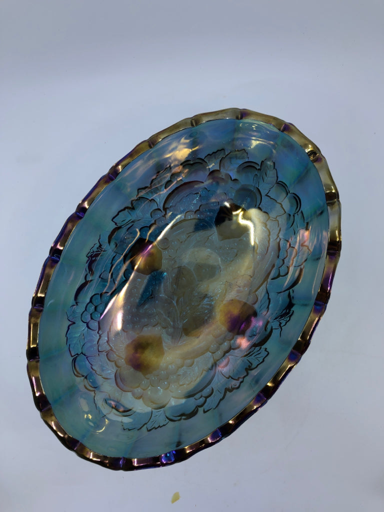 VTG EMBOSSED FOOTED OVAL CARNIVAL GLASS BOWL.