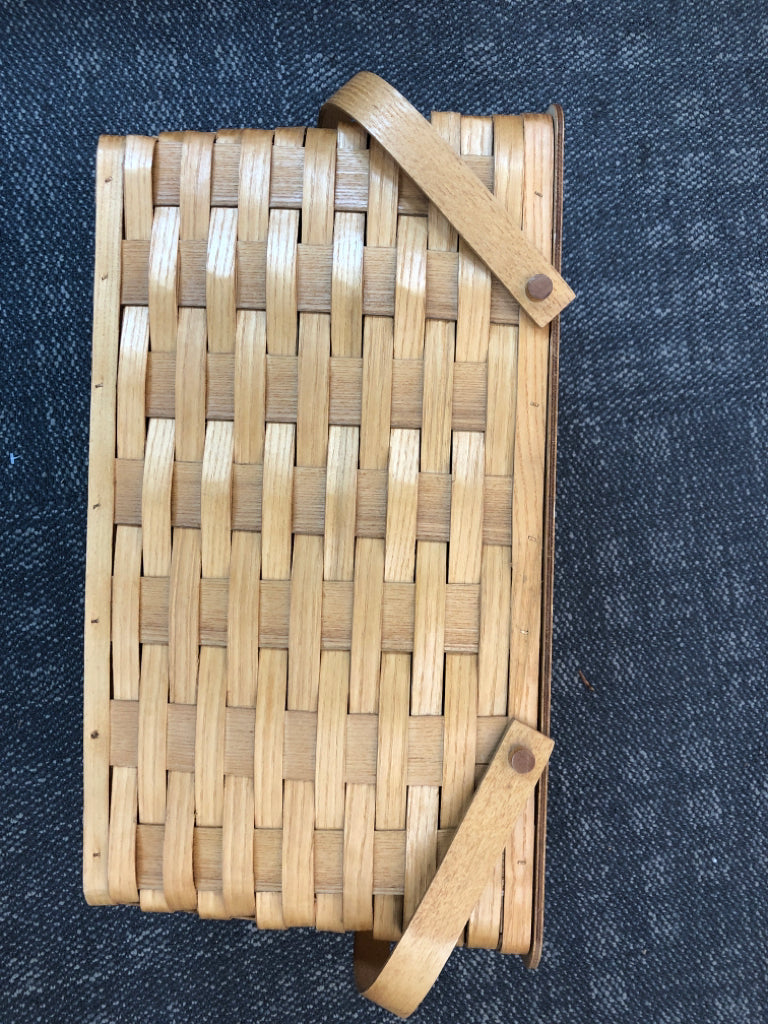 TREE PAINTED WOVEN PICNIC BASKET W/FLIP LID AND HANDLES.