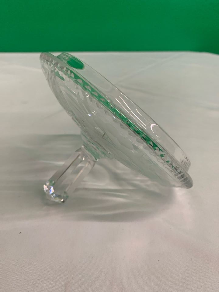ETCHED FLORAL CRYSTAL FOOTED CANDY DISH.