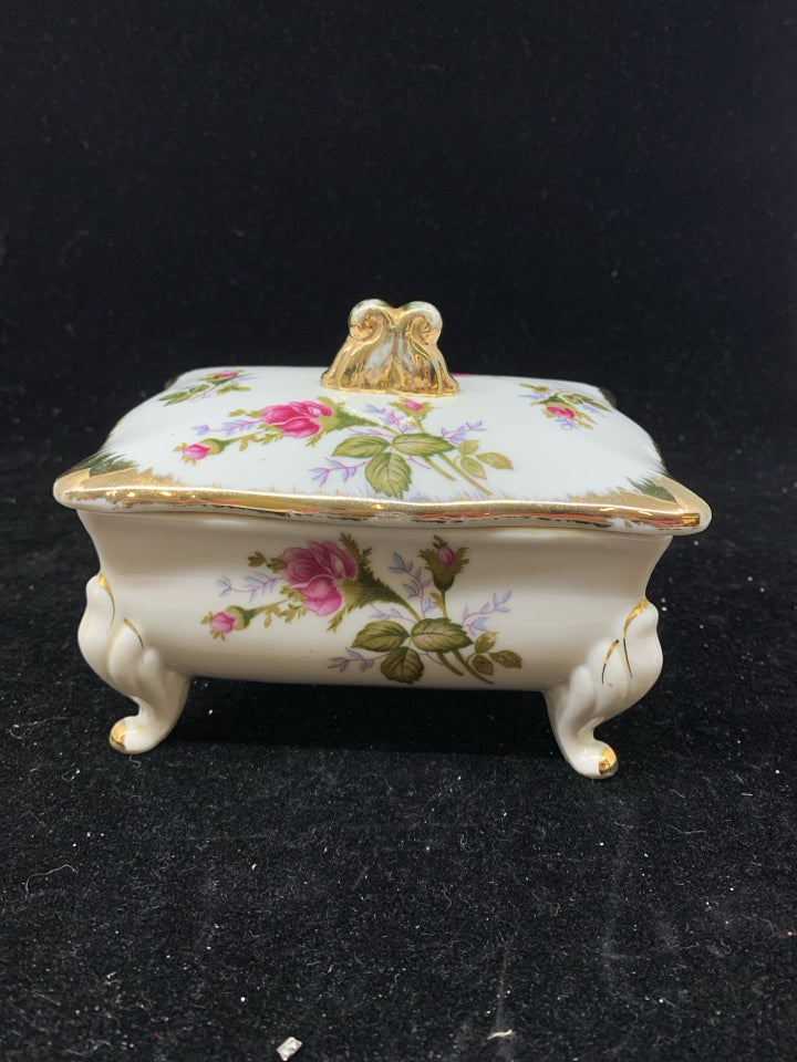 VTG ROSE W GOLD FOOTED TRINKET BOX AND LID.