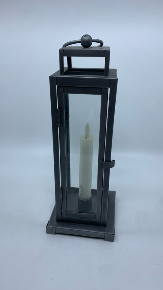 GREY METAL LAMP W/FAUX CANDLE.
