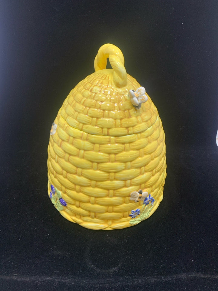 CERAMIC HONEYCOMB CANISTER W/EMBOSSED BEES.