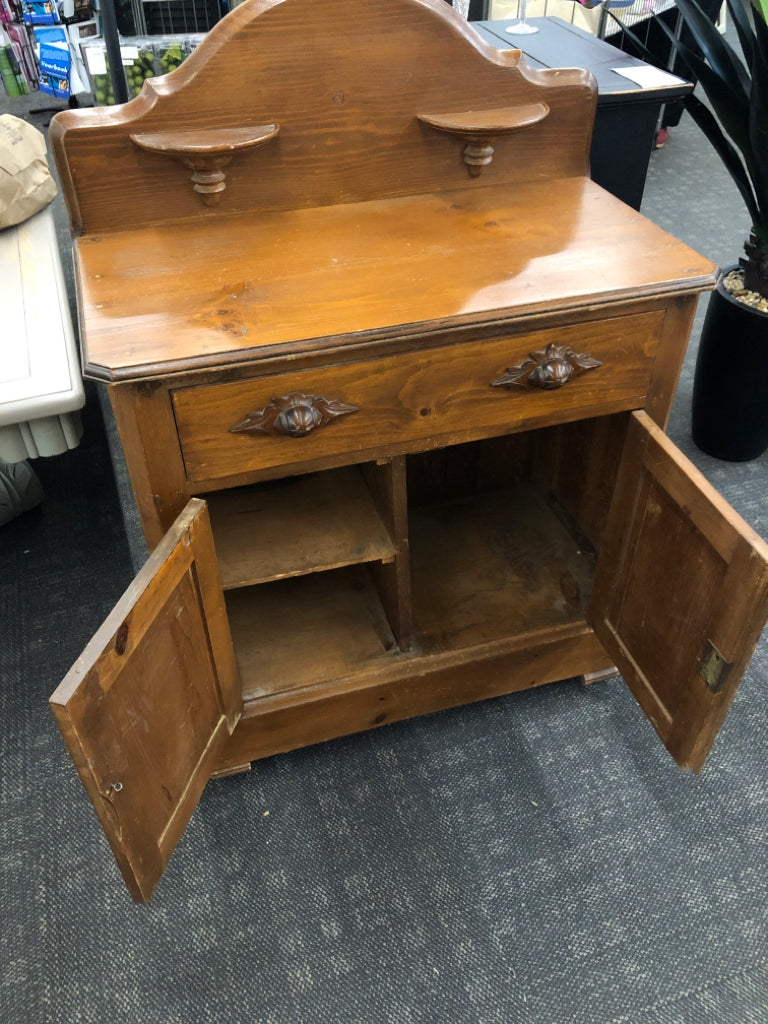 VTG WOOD CABINET WITH BACK SHELVES.