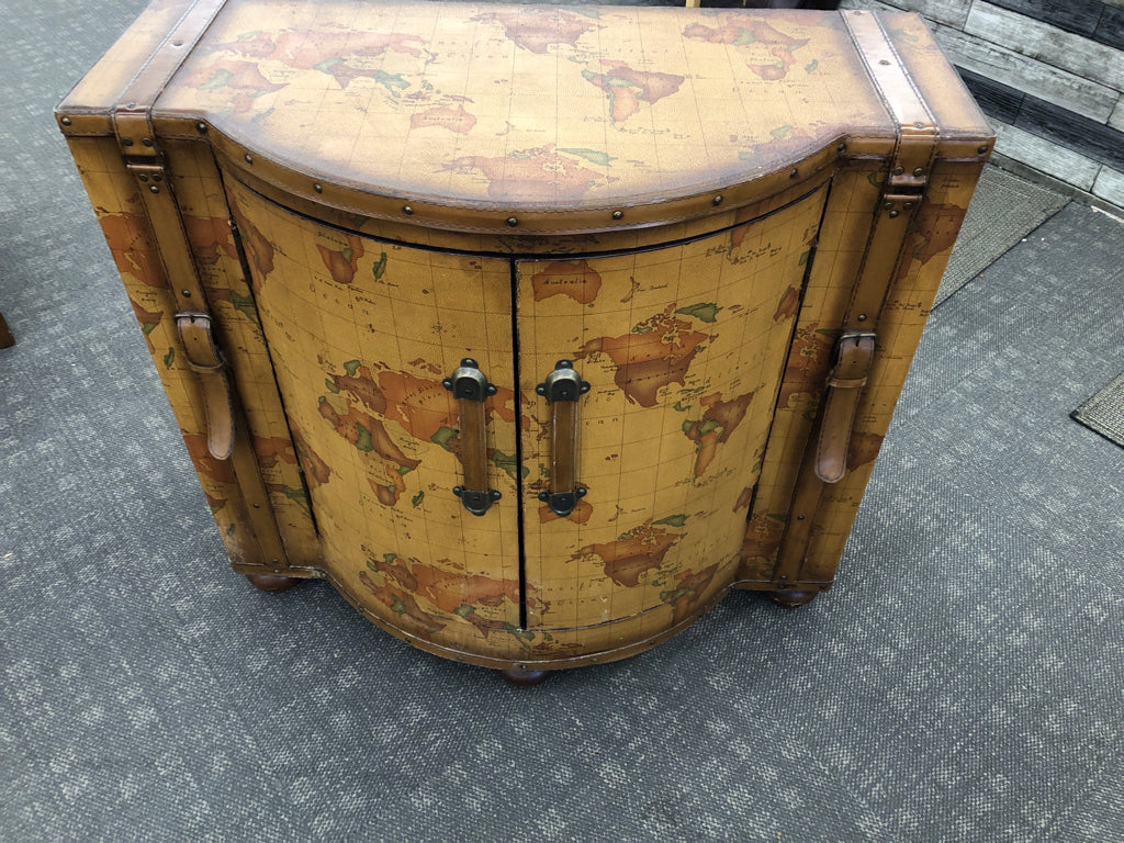 MAP FAUX LEATHER DESIGN CONSOLE TABLE/CABINET W/ SHELF.