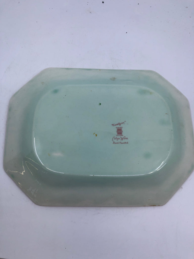 2 VTG NESTING GREEN W PINK FLORAL TRAYS- CALYX WARE.