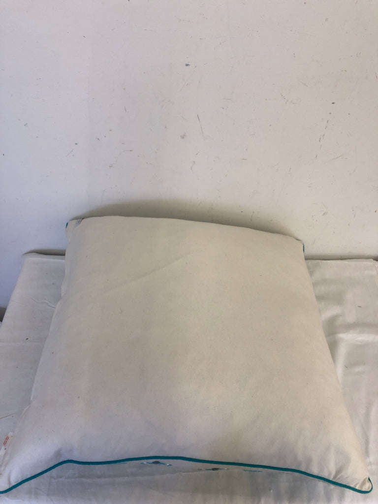LARGE TEAL AND WHITE SQUARE PILLOW.