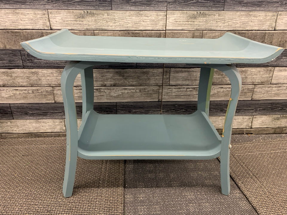 VTG DISTRESSED BLUE CURVED SIDE 2 TIER TABLE.
