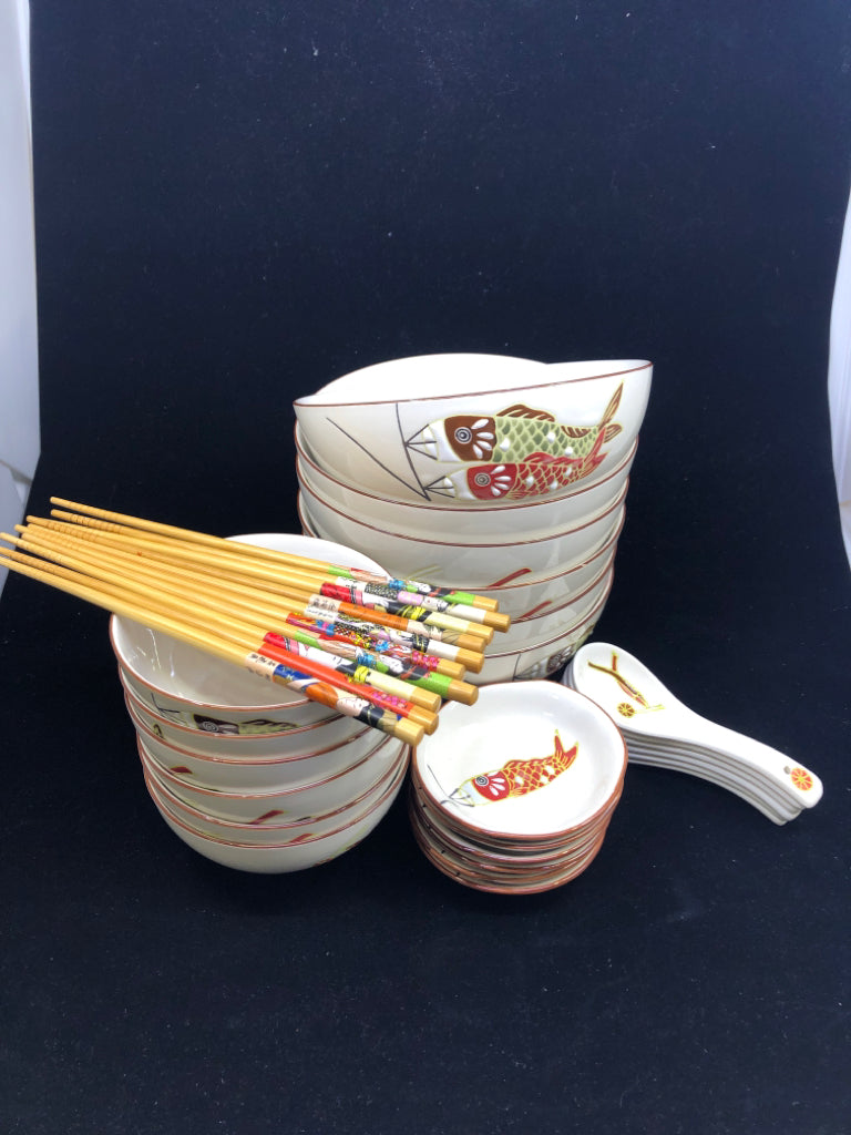 24 PC WHITE FISH PAINTED RAMEN BOWL SET - 6 LARGE BOWLS, 6 SMALL BOWLS, 6 SOY SA