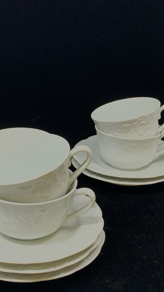 14PC DANSK CUP + SAUCER SET WHITE W/EMBOSSED GRAPES.