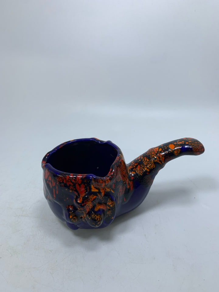 COBALT BLUE W/ ORANGE SPECKLED DETAILS W/ HANDLE LIQUID POURER.