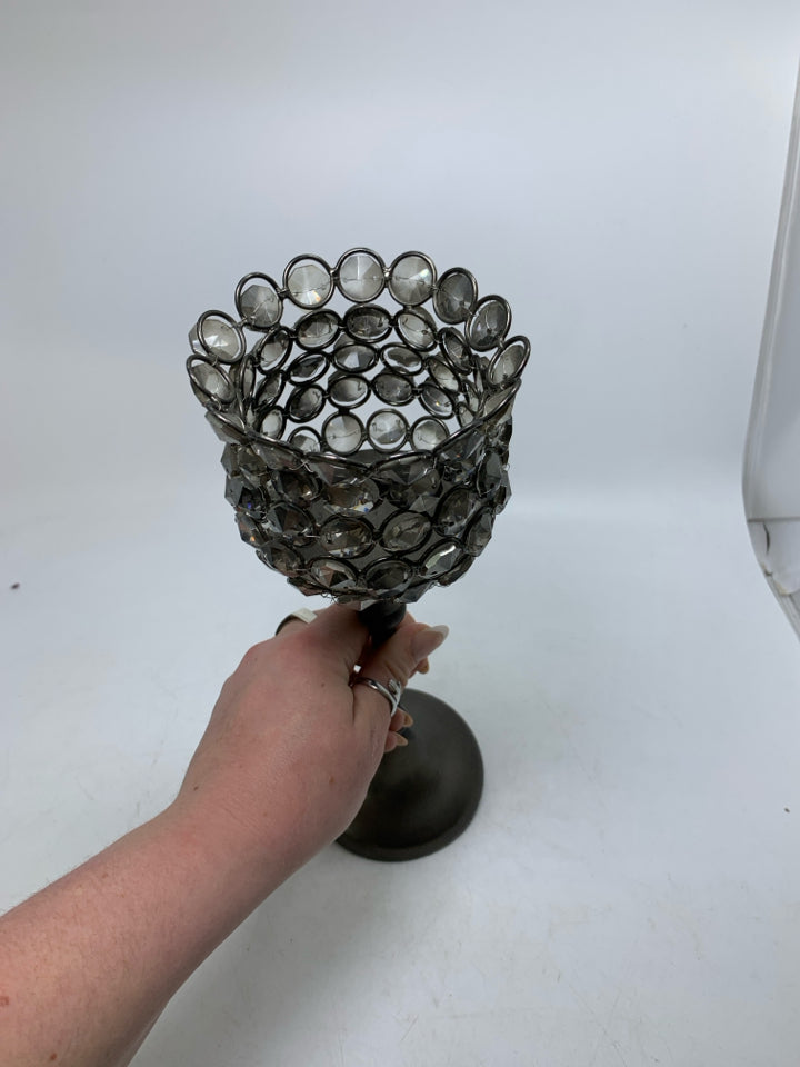 FOOTED METAL GREY JEWELED PILLAR CANDLE HOLDER.